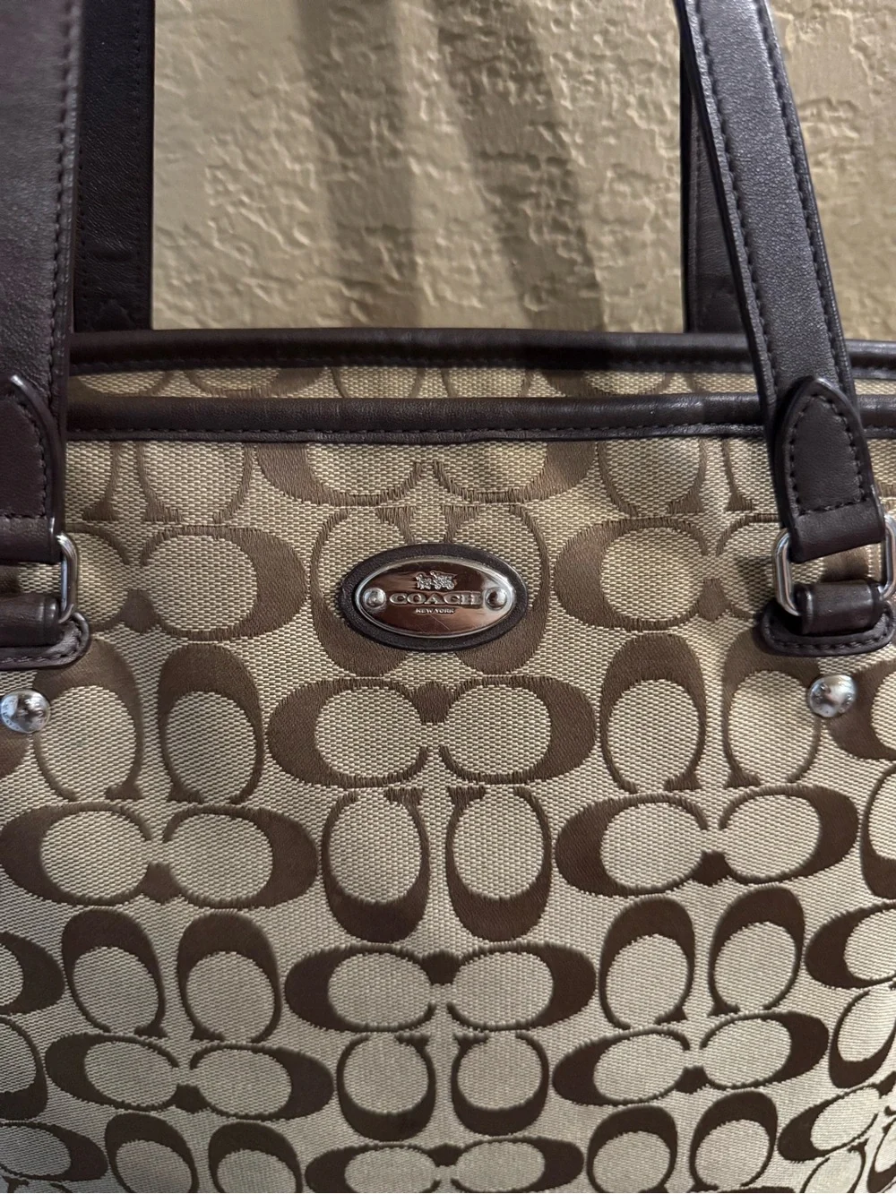 Coach Canvas Signature Tote in Khaki and Brown